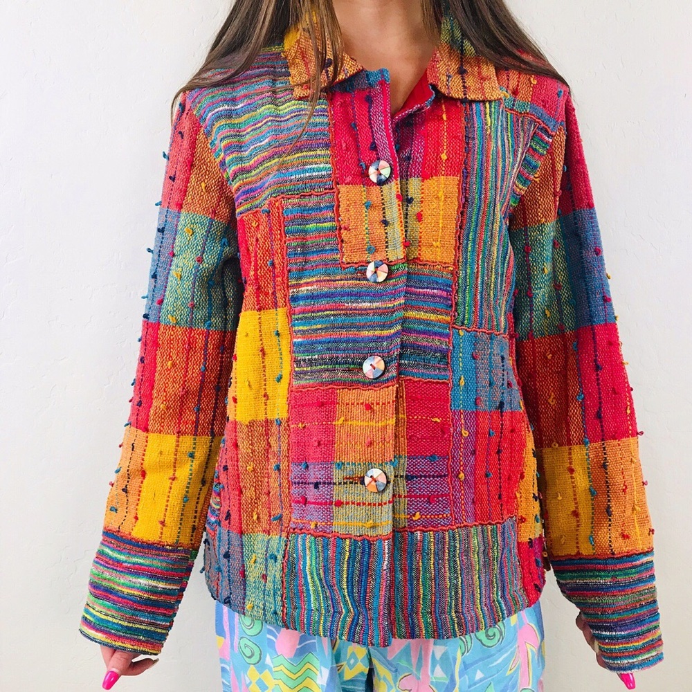 Rainbow Thick Knit Embroidered Button Up Jacket